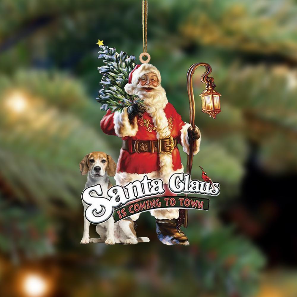 Santa Is Coming To Town With Beagle 3-Two Sided Ornament