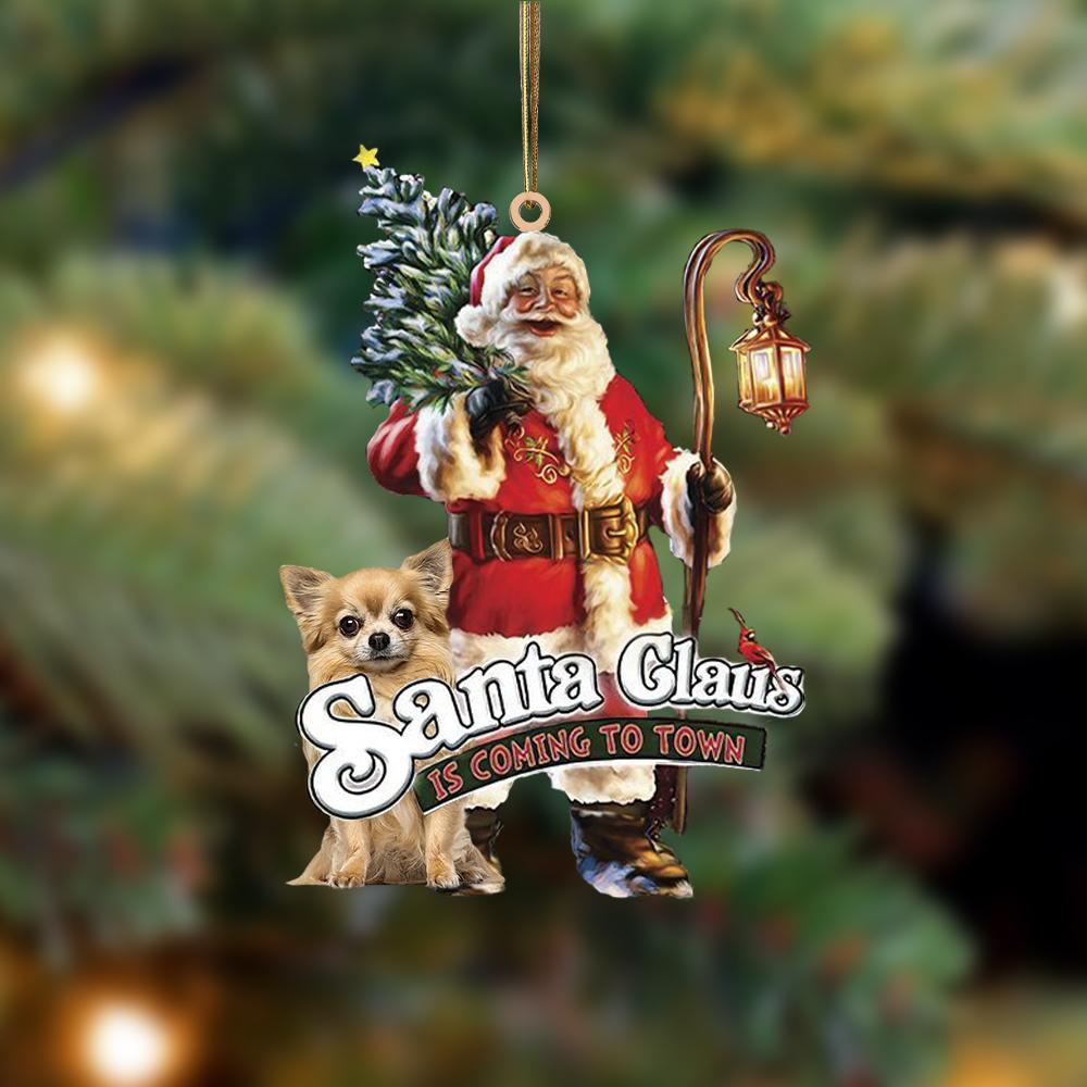 Santa Is Coming To Town With Chihuahua 5-Two Sided Ornament