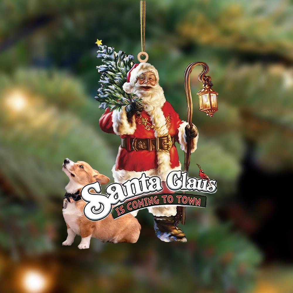 Santa Is Coming To Town With Corgi-Two Sided Ornament