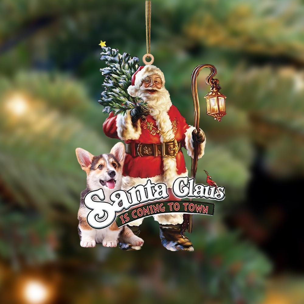 Santa Is Coming To Town With Corgi (2)-Two Sided Ornament