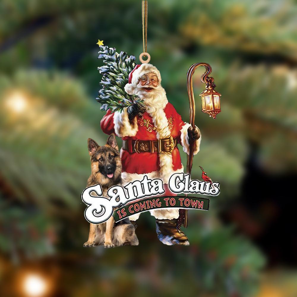 Santa Is Coming To Town With German Shepherd 3-Two Sided Ornament