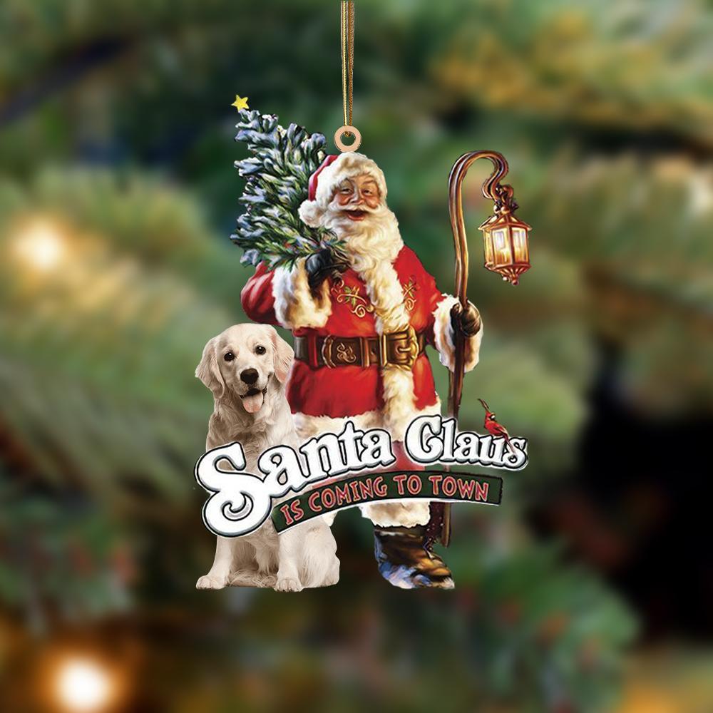 Santa Is Coming To Town With Gold Golden Retriever-Two Sided Ornament