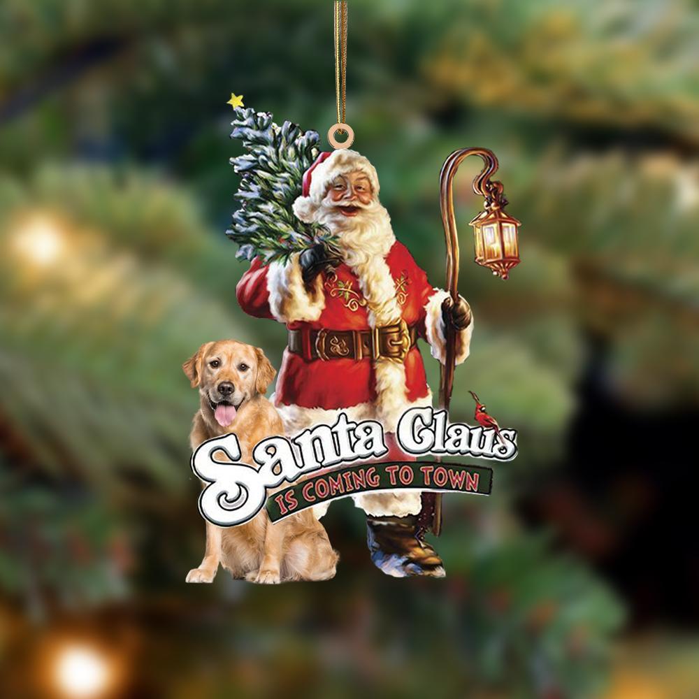 Santa Is Coming To Town With Golden Retriever-Two Sided Ornament