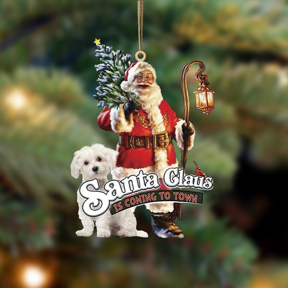 Santa Is Coming To Town With Maltese-Two Sided Ornament