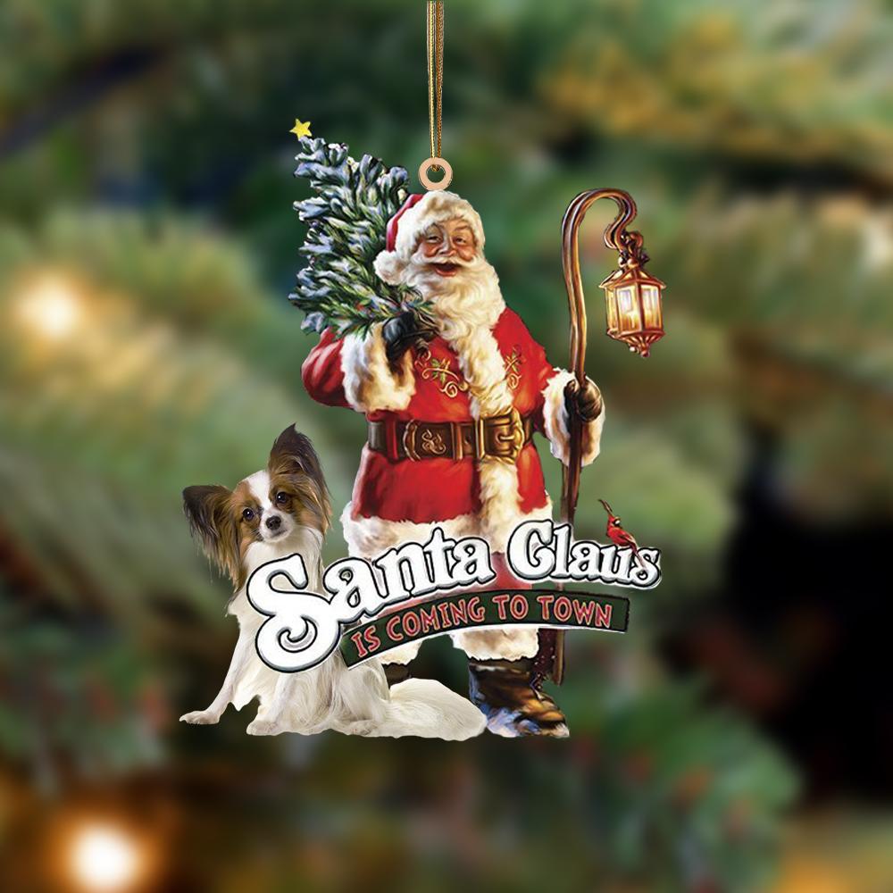 Santa Is Coming To Town With Papillon-Two Sided Ornament