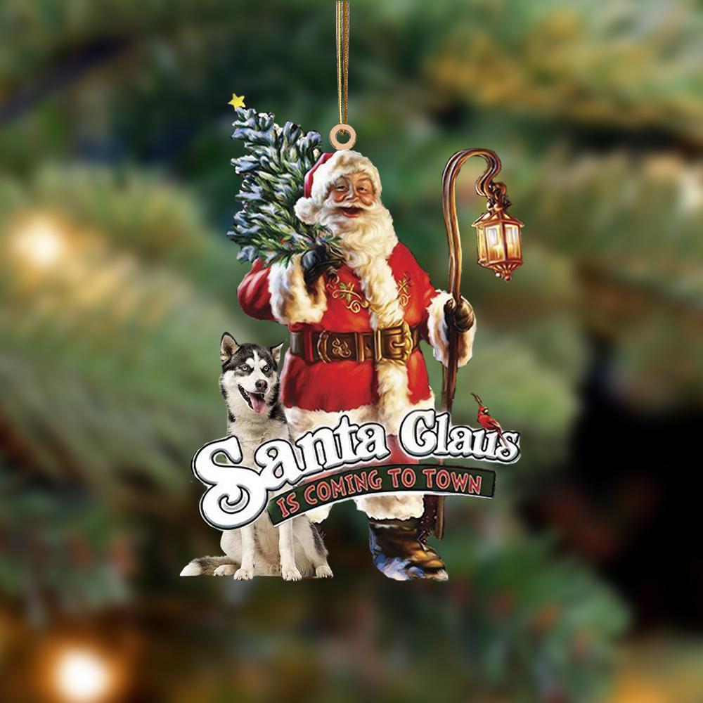 Santa Is Coming To Town With Siberian Husky2-Two Sided Ornament