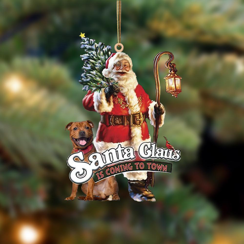 Santa Is Coming To Town With Staffordshire Bull Terrier 2-Two Sided Ornament