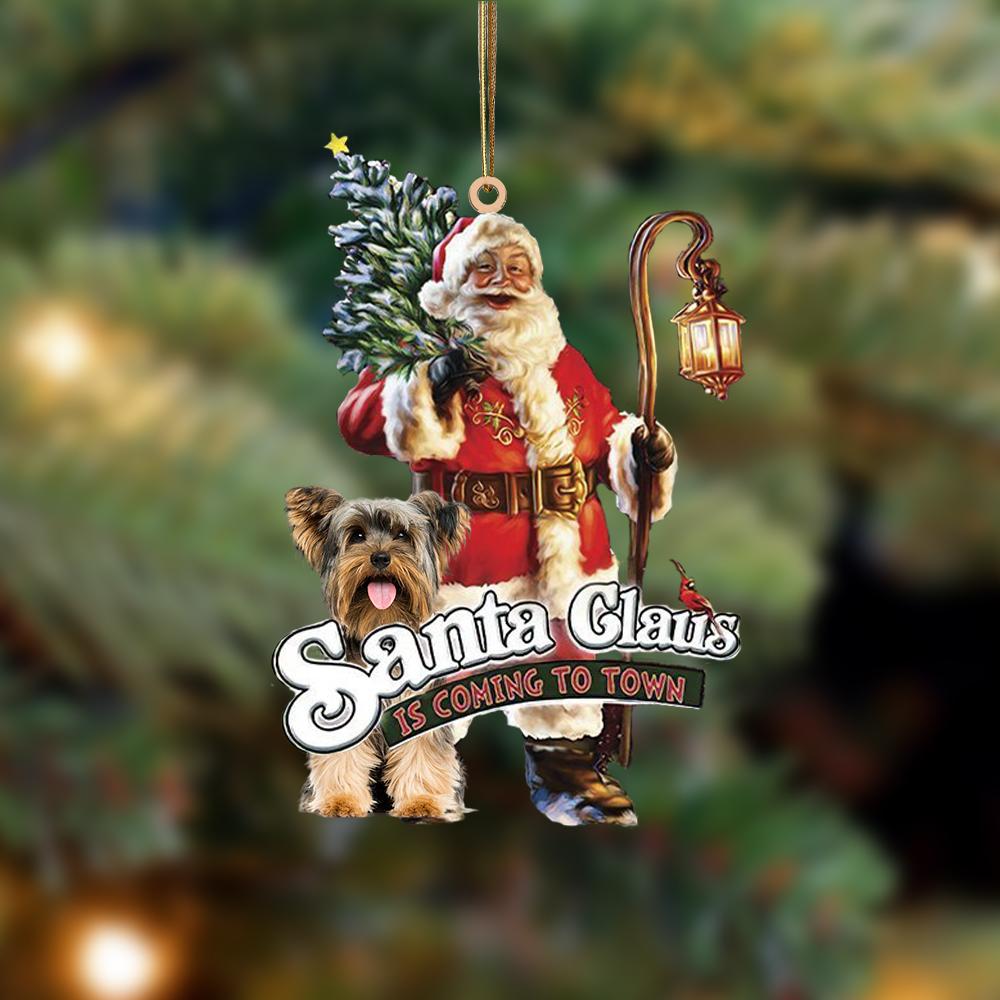 Santa Is Coming To Town With Yorkshire Terrier (2)-Two Sided Ornament