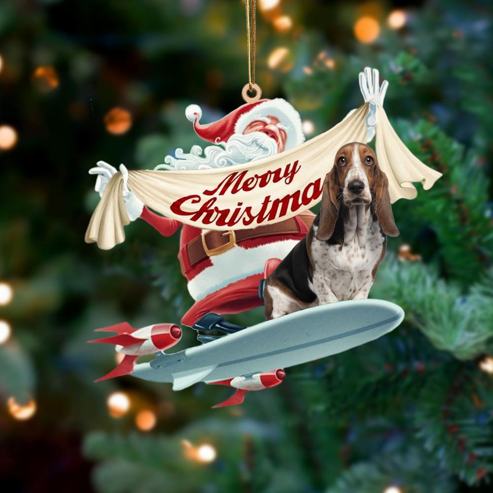 Santa Rides A Rocket With Basset Hound Two Sided Ornament