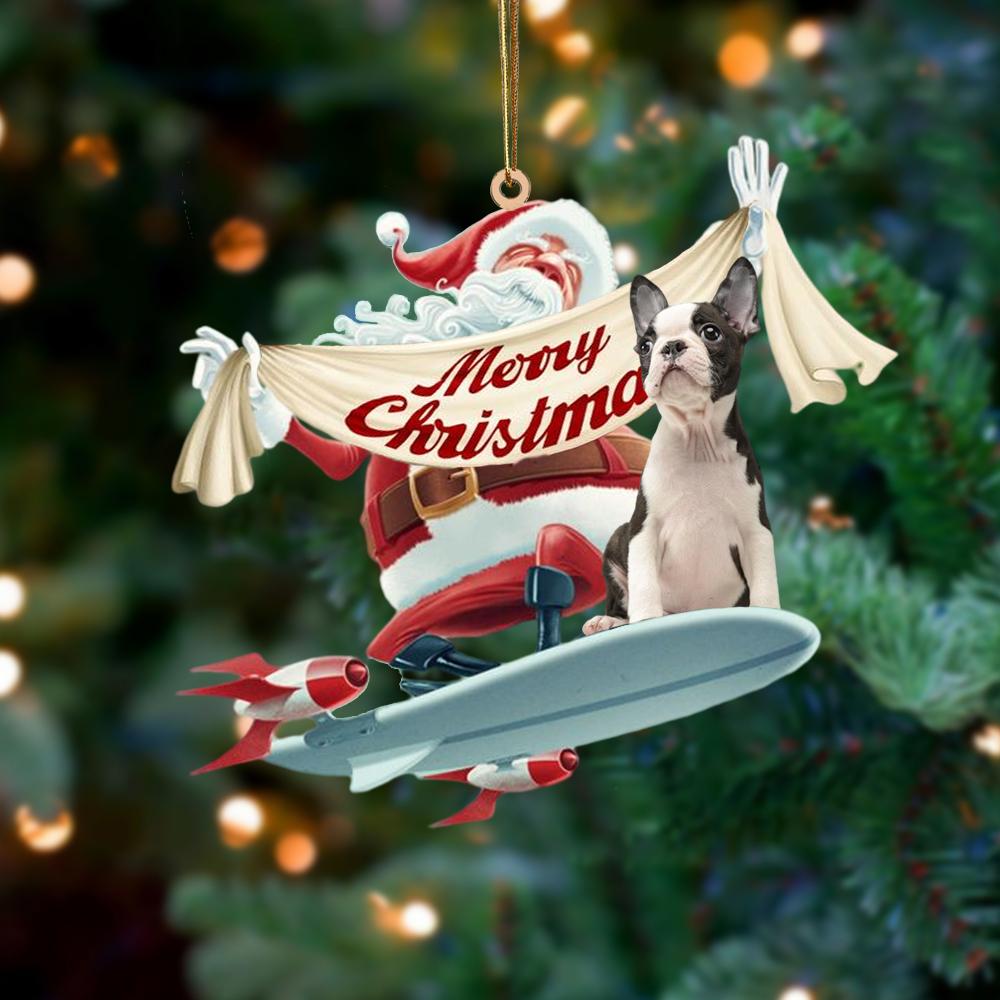 Santa Rides A Rocket With Boston Terrier 1 Two Sided Ornament