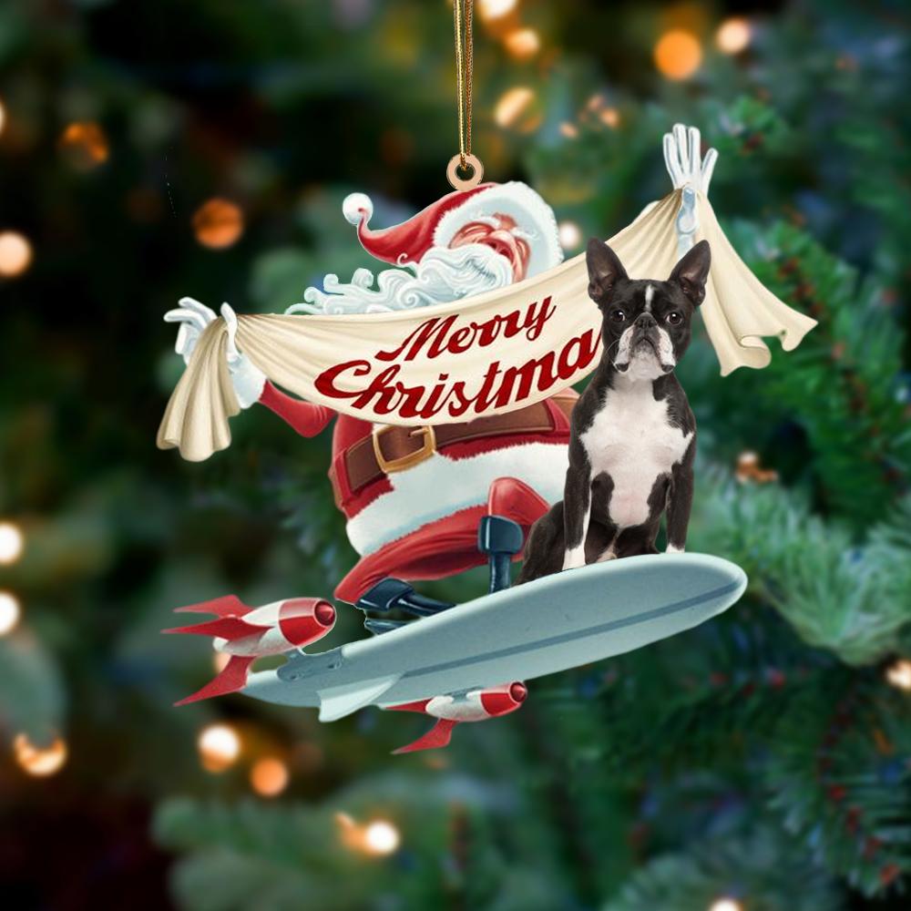 Santa Rides A Rocket With Boston terrier Two Sided Ornament