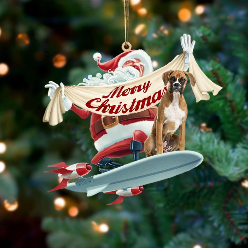 Santa Rides A Rocket With Boxer Two Sided Ornament