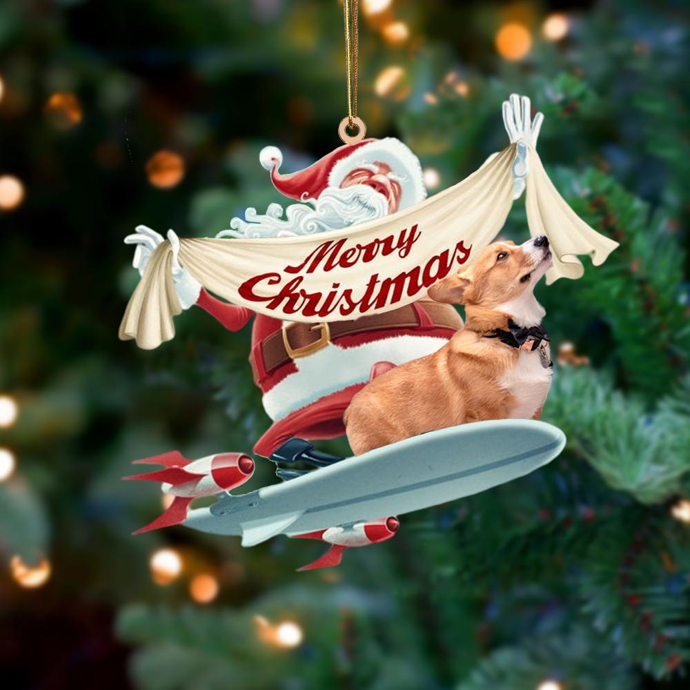 Santa Rides A Rocket With Corgi Two Sided Ornament