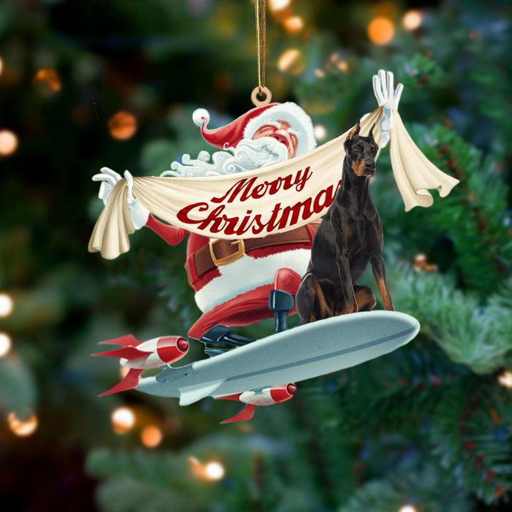 Santa Rides A Rocket With Doberman Two Sided Ornament