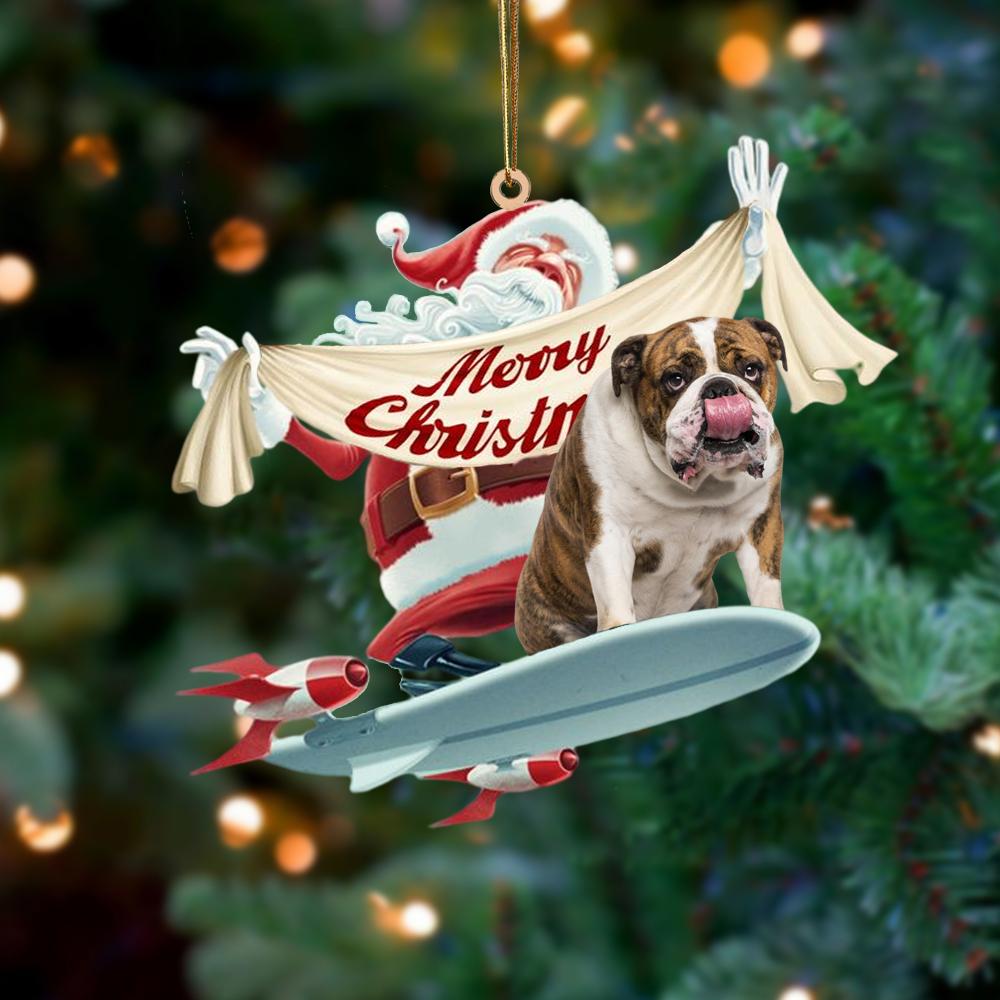 Santa Rides A Rocket With English Bulldog Two Sided Ornament