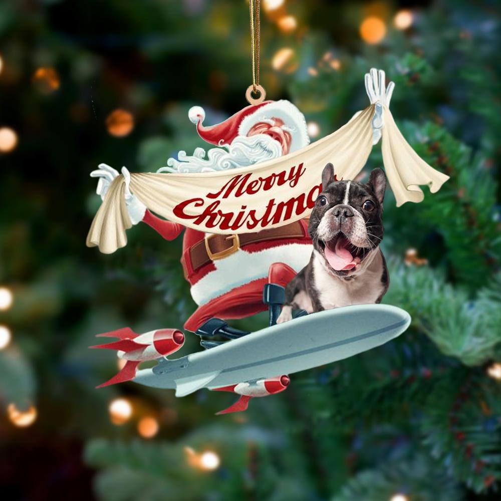 Santa Rides A Rocket With French Bulldog 2 Two Sided Ornament