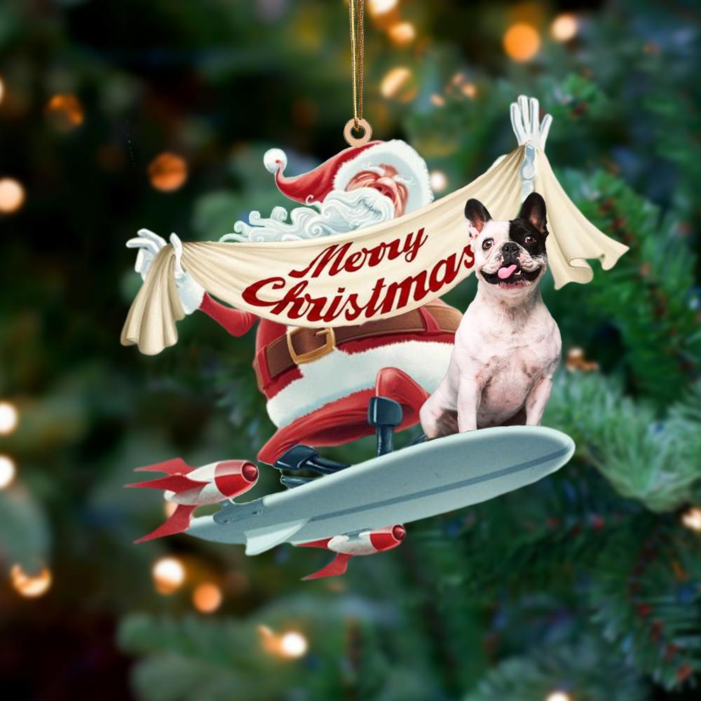 Santa Rides A Rocket With French Bulldog 3 Two Sided Ornament