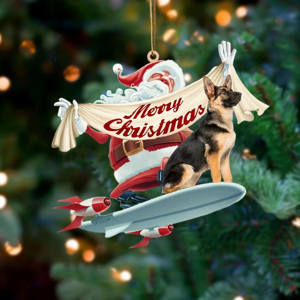 Santa Rides A Rocket With German Shepherd 1 Two Sided Ornament