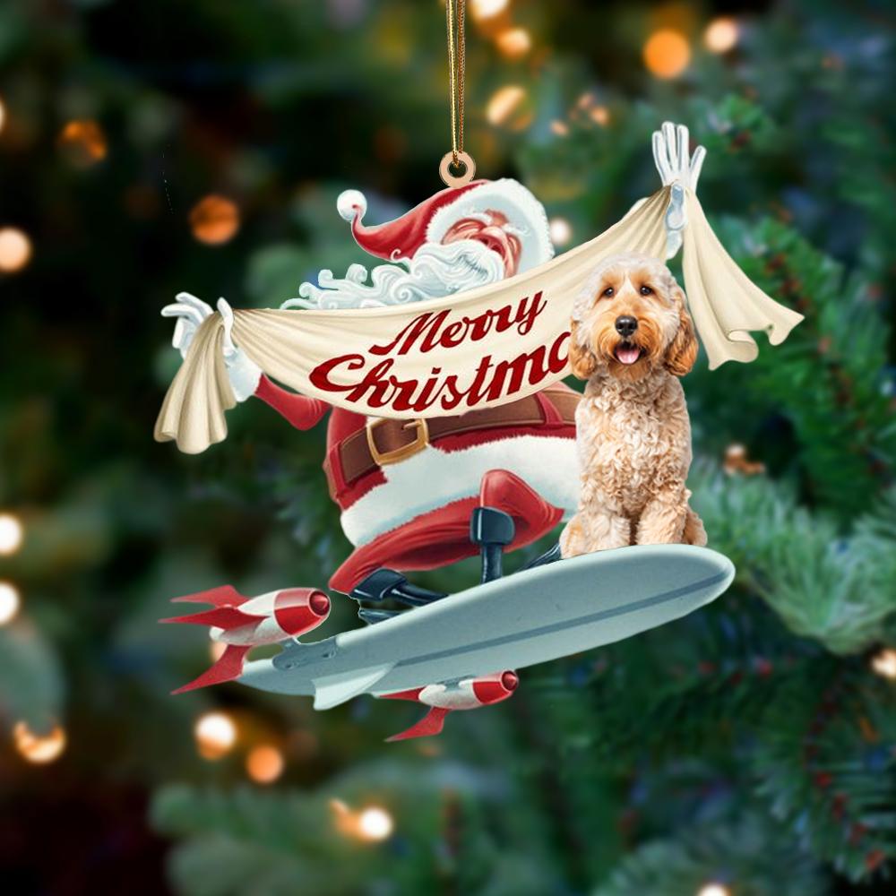 Santa Rides A Rocket With Goldendoodle 2 Two Sided Ornament