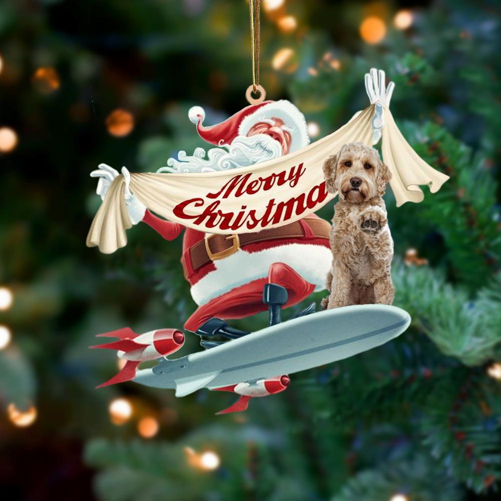 Santa Rides A Rocket With Labradoodle 4 Two Sided Ornament