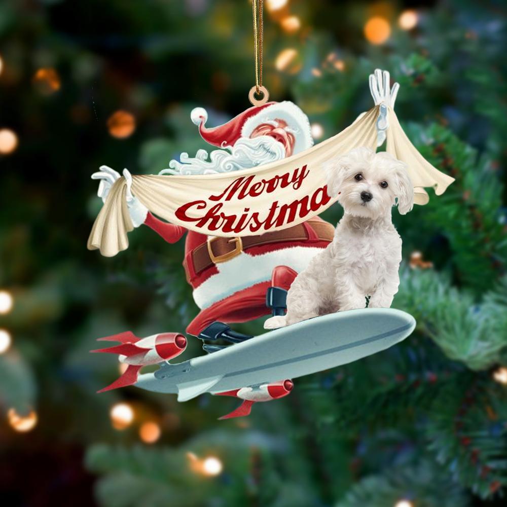 Santa Rides A Rocket With Maltese Two Sided Ornament