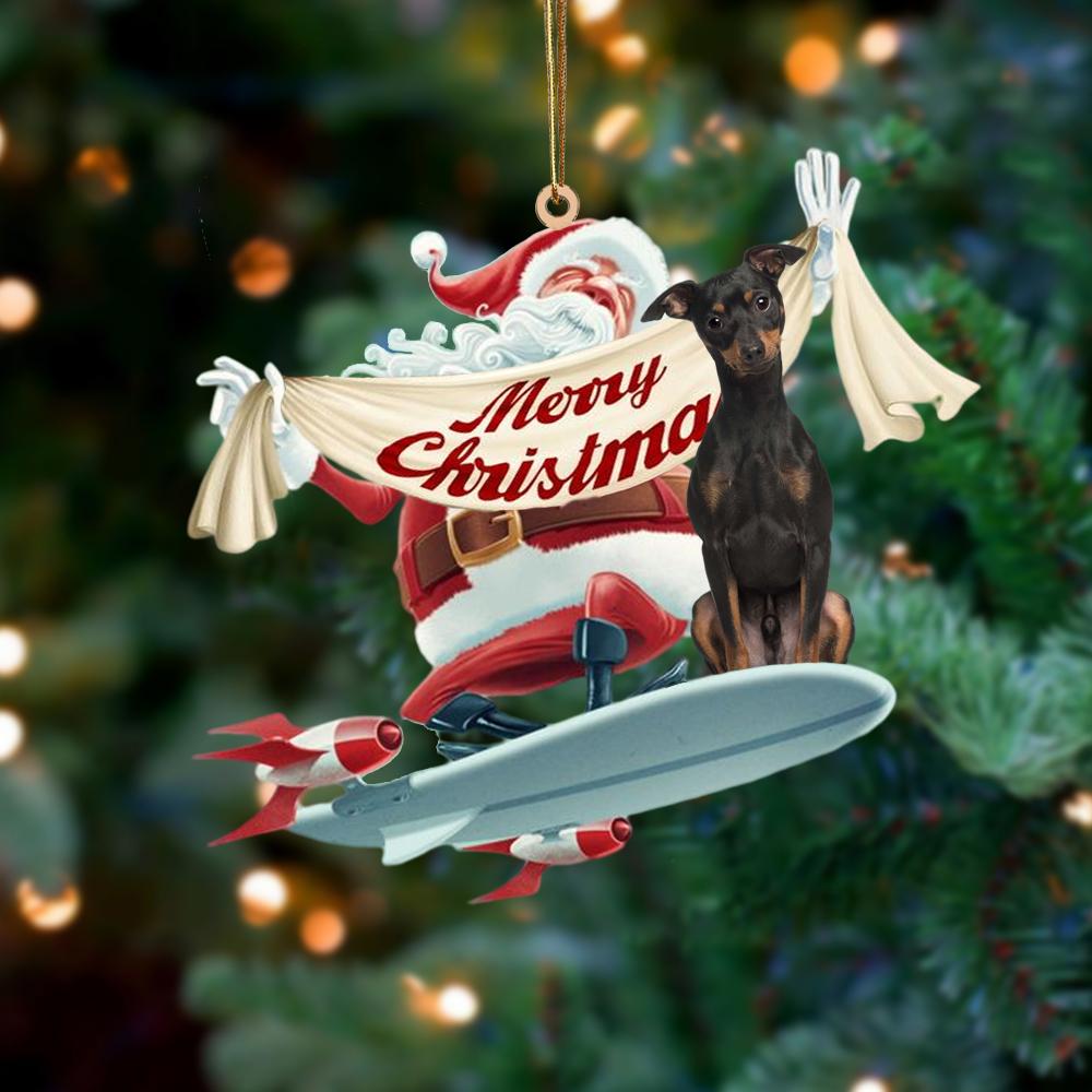 Santa Rides A Rocket With Miniature Pinscher 2 Two Sided Ornament