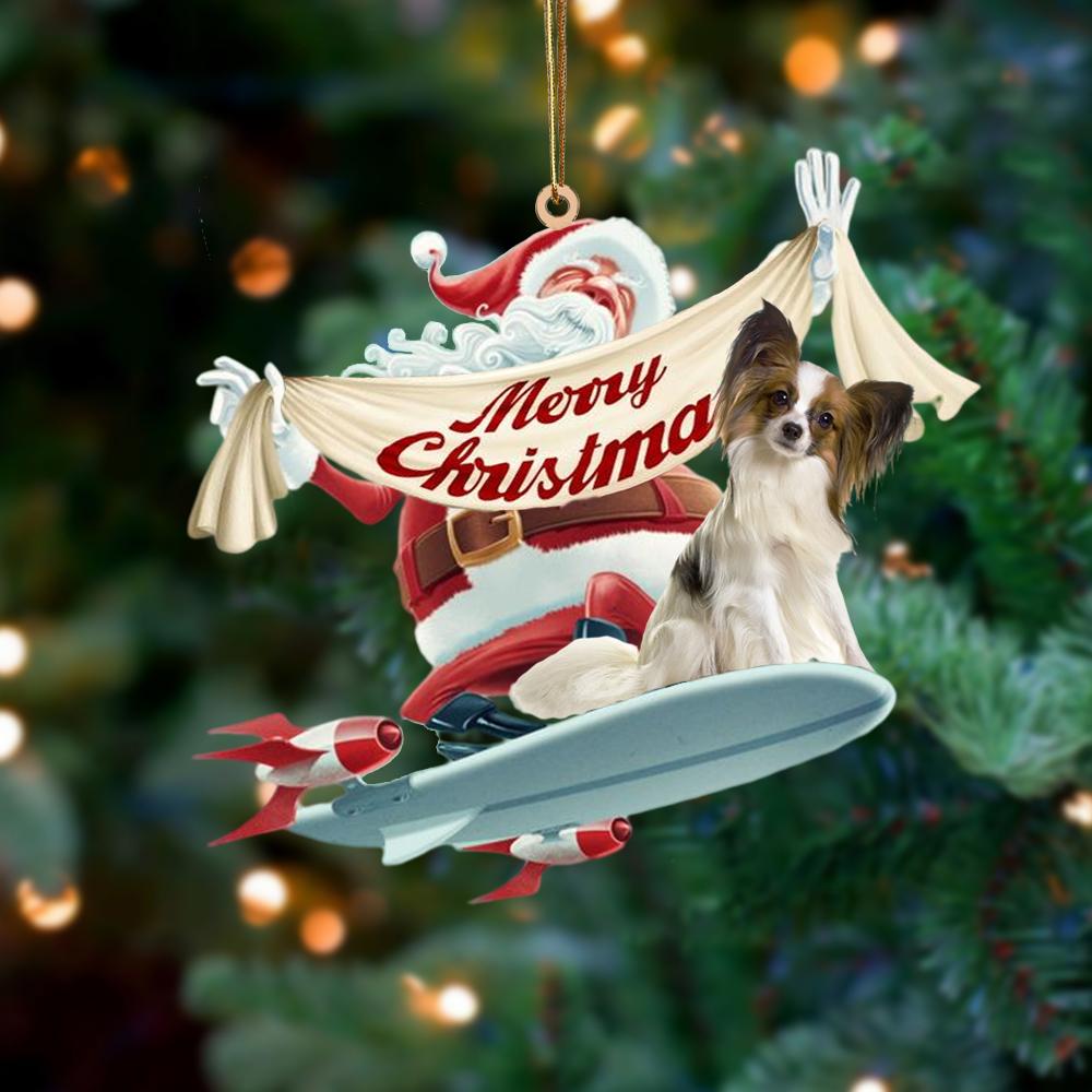 Santa Rides A Rocket With Papillon Two Sided Ornament