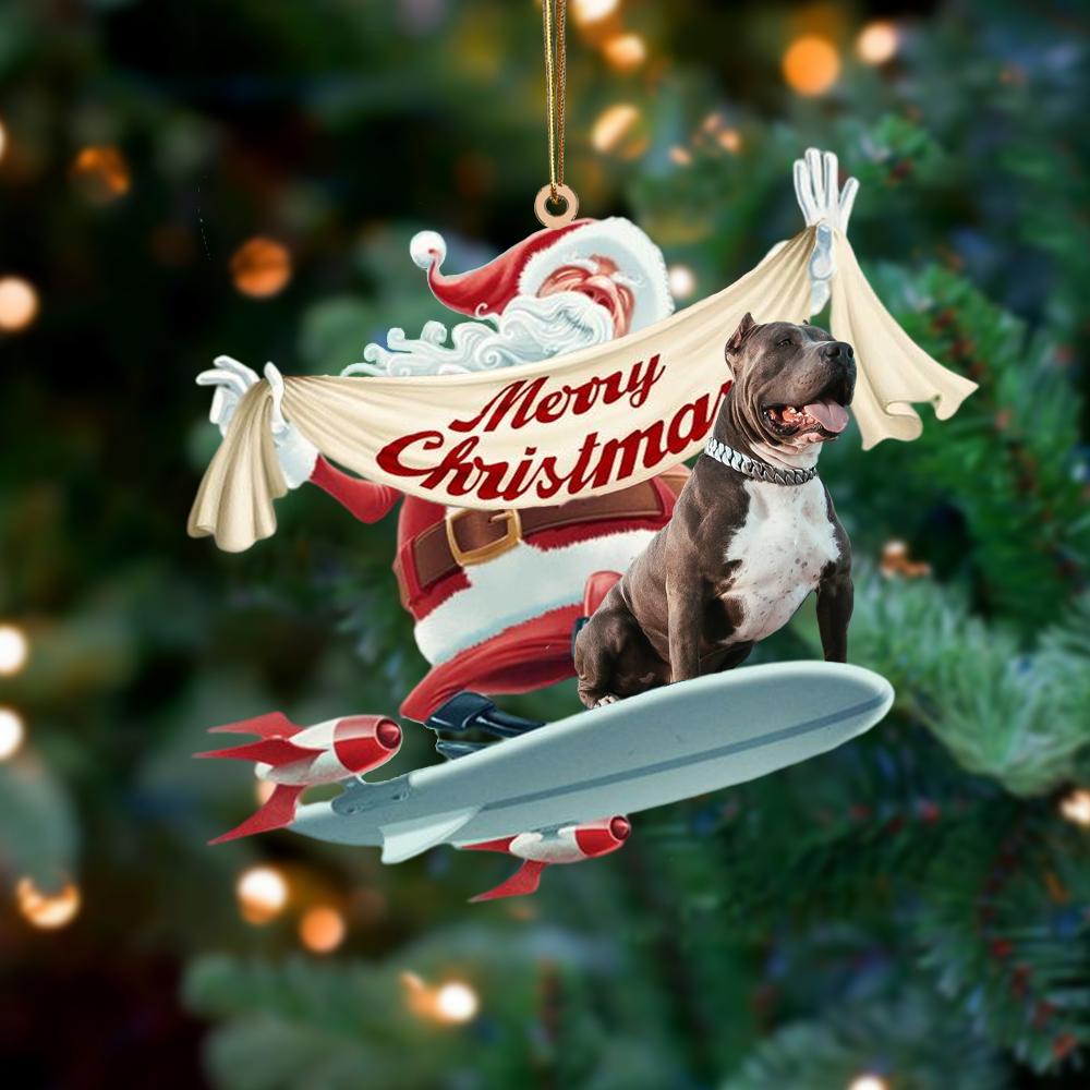 Santa Rides A Rocket With Pitbull Two Sided Ornament