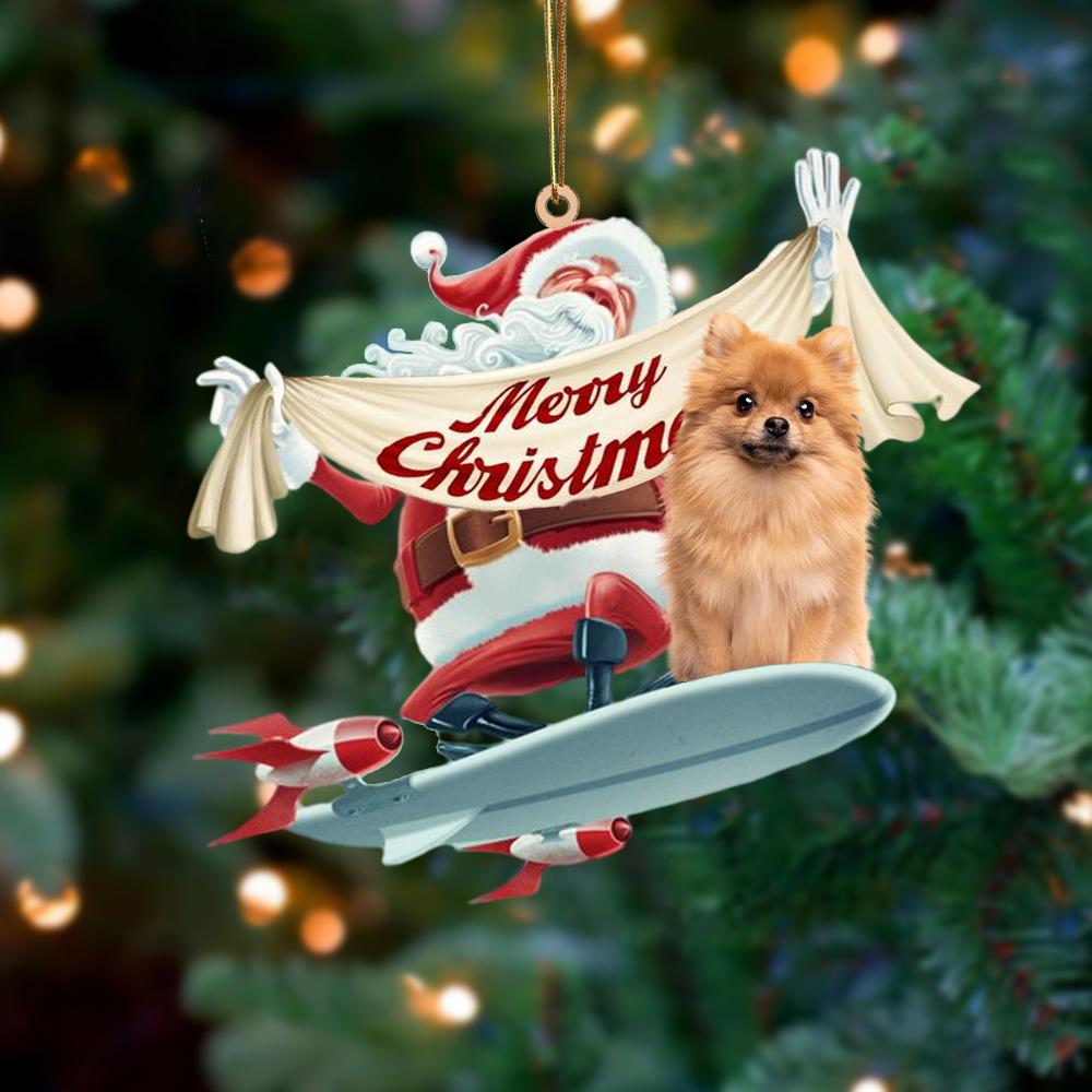 Santa Rides A Rocket With Pomeranian 2 Two Sided Ornament