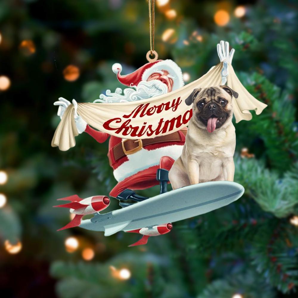 Santa Rides A Rocket With Pug Two Sided Ornament