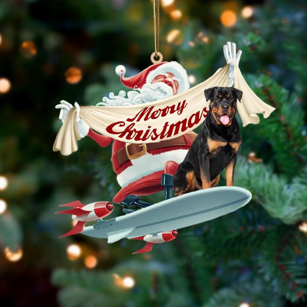 Santa Rides A Rocket With Rottweiler Two Sided Ornament