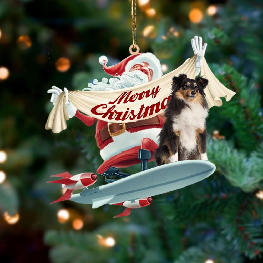 Santa Rides A Rocket With Shetland Sheepdog Two Sided Ornament