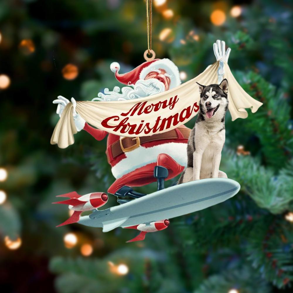 Santa Rides A Rocket With Siberian Husky Two Sided Ornament