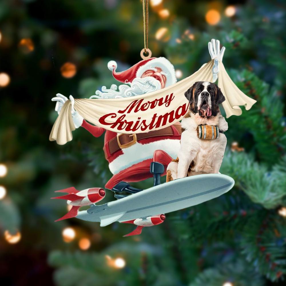 Santa Rides A Rocket With St Bernard Two Sided Ornament