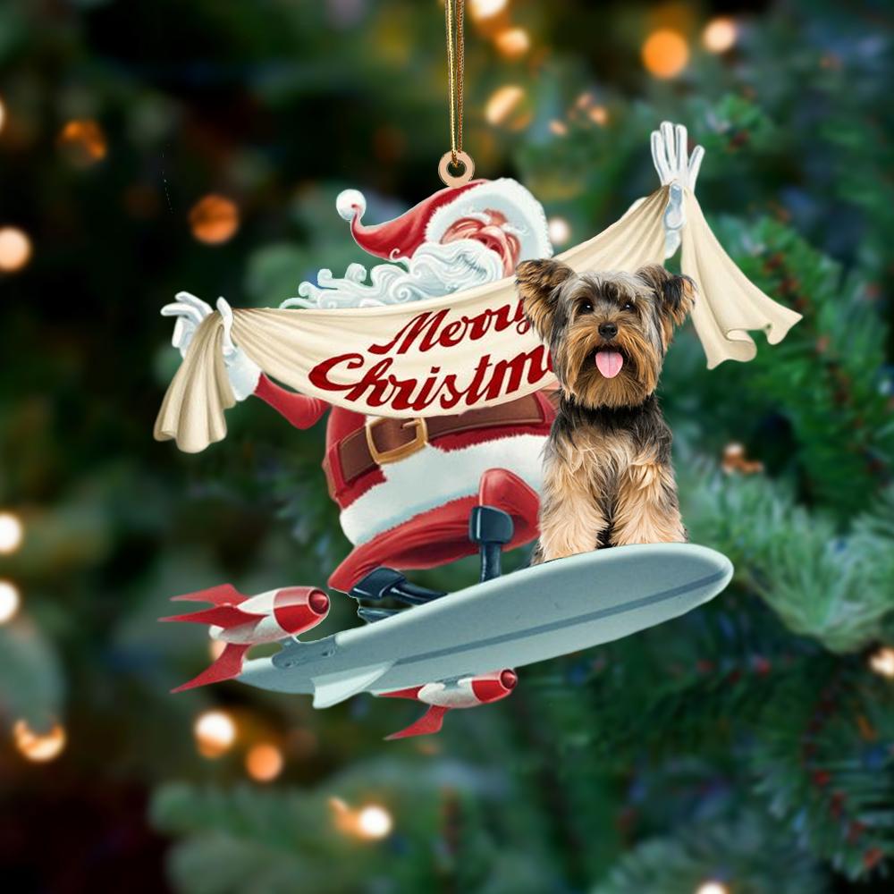 Santa Rides A Rocket With Yorkshire Terrier  2 Two Sided Ornament