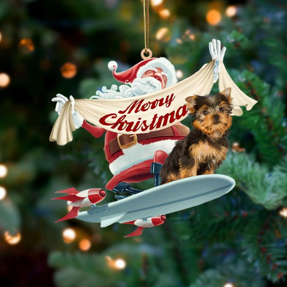 Santa Rides A Rocket With Yorkshire Terrier Two Sided Ornament