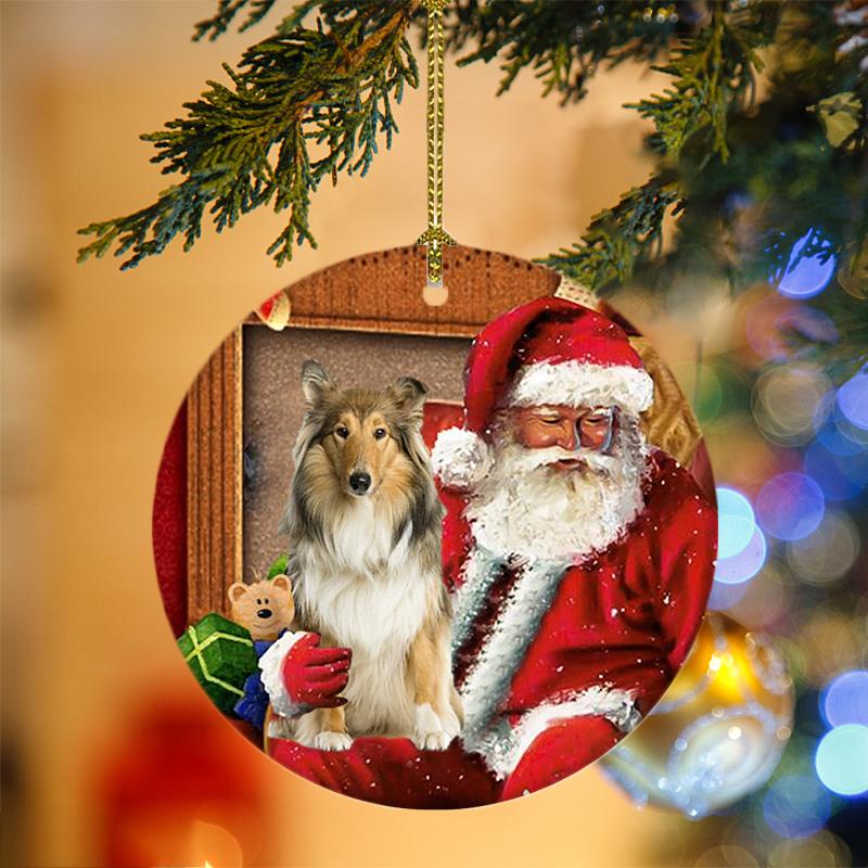 Scotch Collie With Santa Christmas Ornament