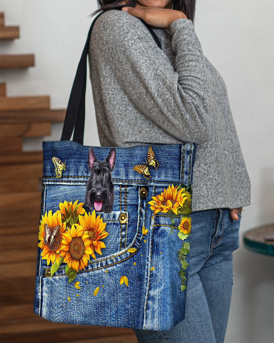 Scottish Terrier-Sunflowers & Butterflies Cloth Tote Bag