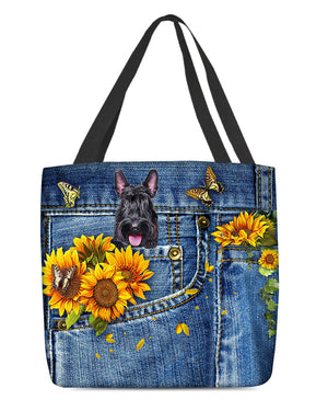 Scottish Terrier-Sunflowers & Butterflies Cloth Tote Bag