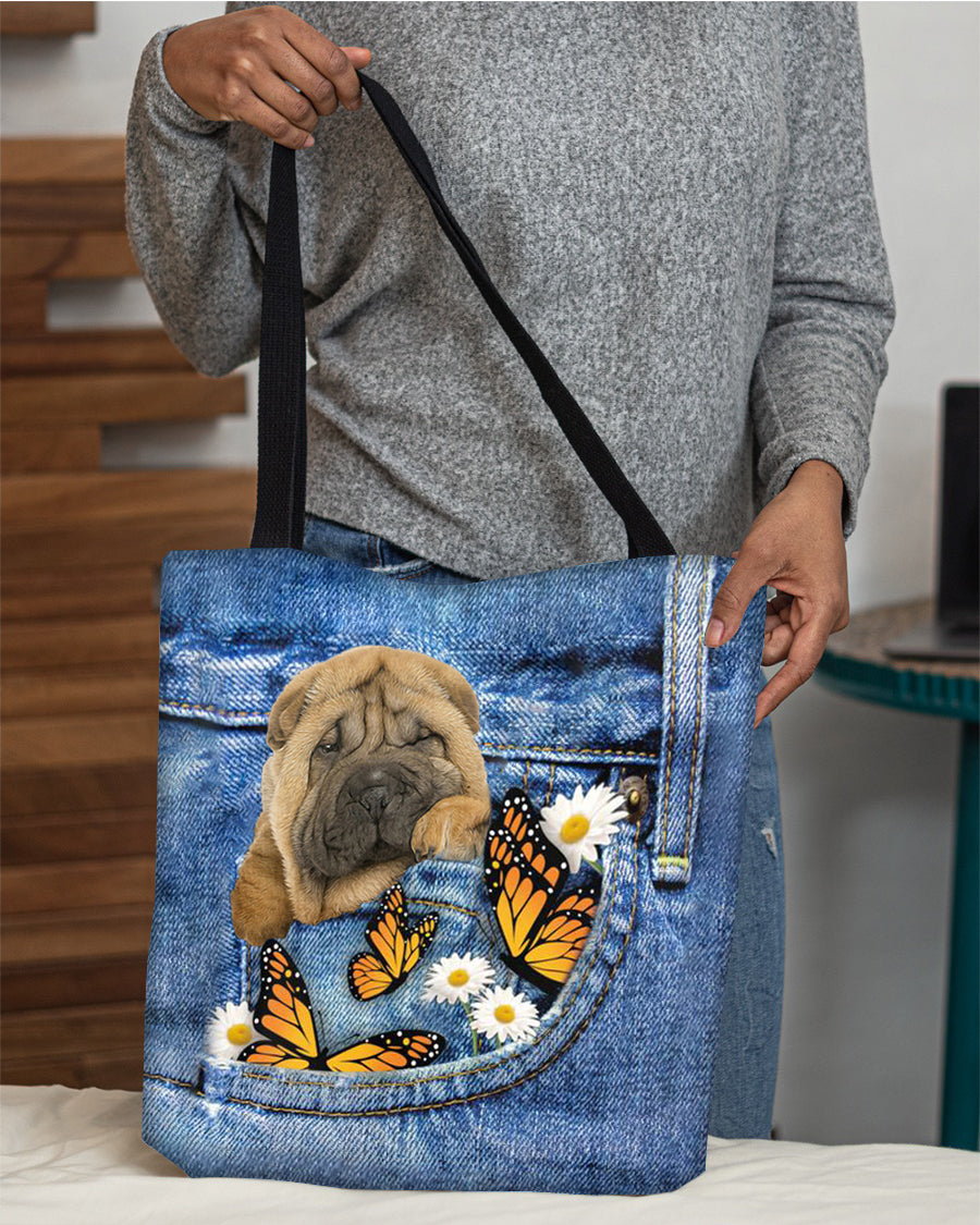 Shar-pei-Butterfly Daisies Fait-CLOTH TOTE BAG