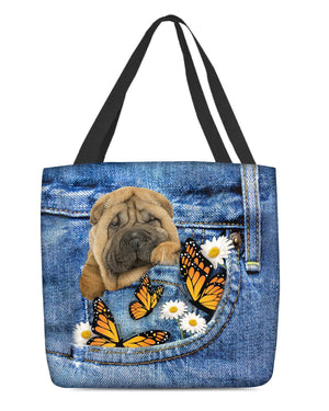 Shar-pei-Butterfly Daisies Fait-CLOTH TOTE BAG