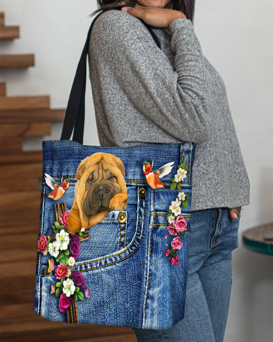 Shar Pei-Cardinal & Cross Flower Cloth Tote Bag