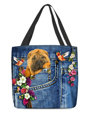 Shar Pei-Cardinal & Cross Flower Cloth Tote Bag