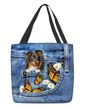 Sheltie-Butterfly Daisies Fait-CLOTH TOTE BAG