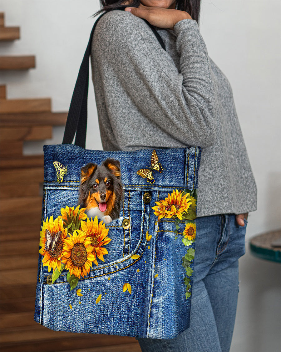 Sheltie-Sunflowers & Butterflies Cloth Tote Bag