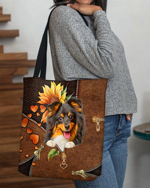 Sheltie-Sunflower&zipper Cloth Tote Bag