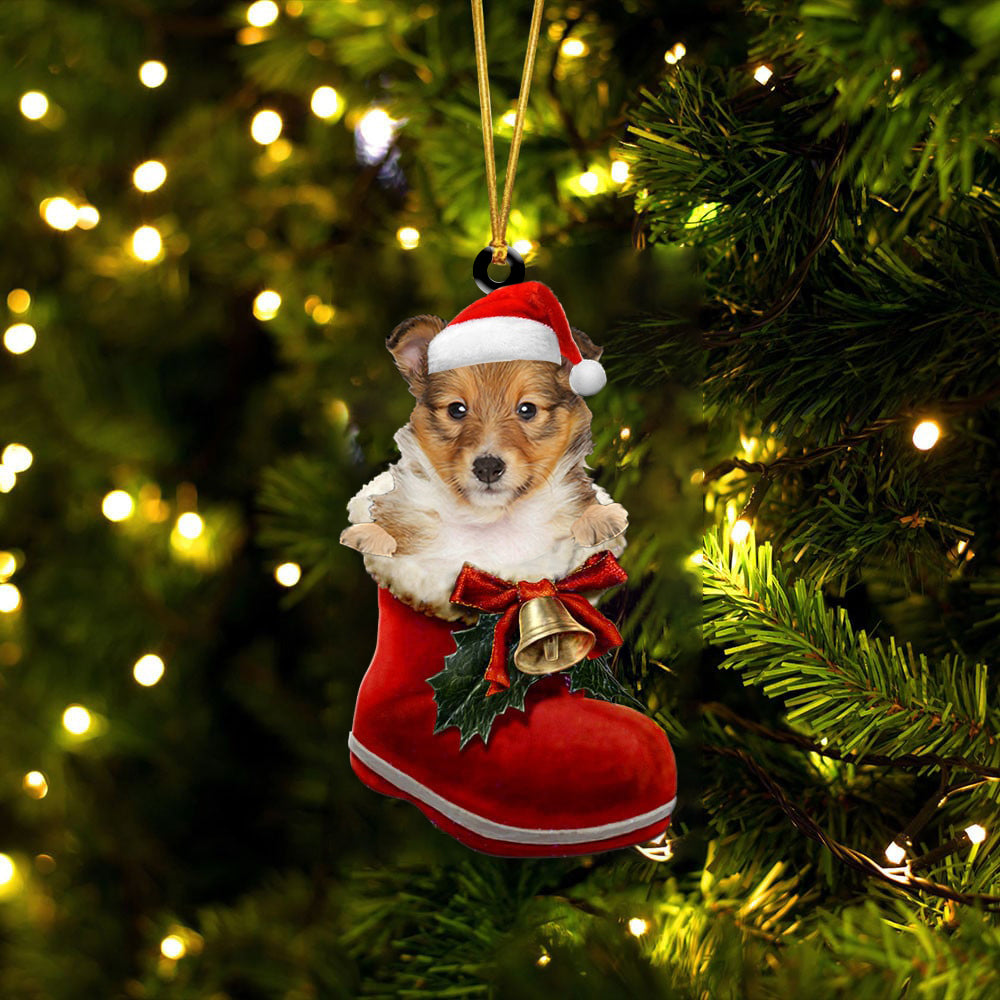 Shetland Sheepdog-1-In Santa Boot Christmas-Two Sided Ornament