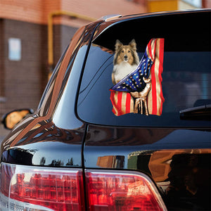 Shetland Sheepdog-American Flag Front Car Sticker