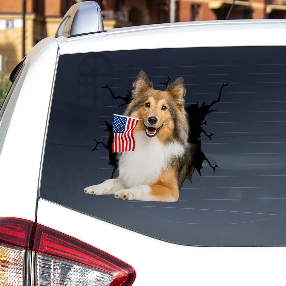 Shetland Sheepdog And American Flag Independent Day Car Sticker Decal