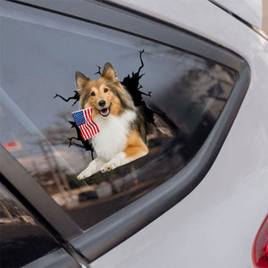 Shetland Sheepdog And American Flag Independent Day Car Sticker Decal